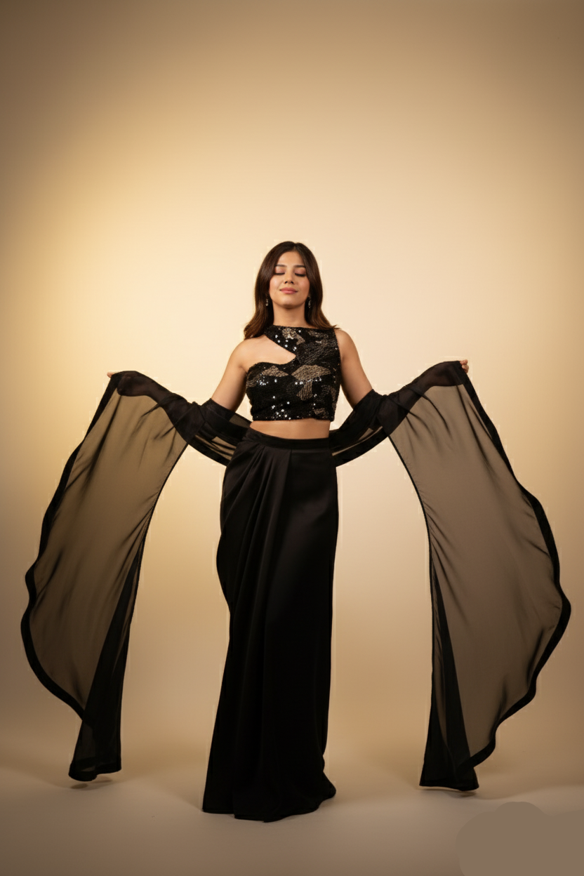 Woman in a black outfit with sheer fabric against a beige background