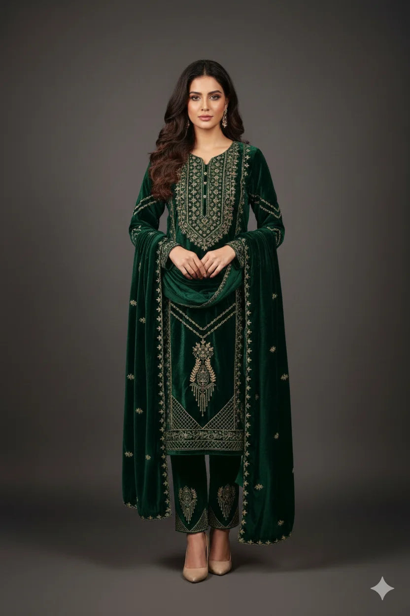 Woman wearing a green embroidered traditional outfit against a gray background