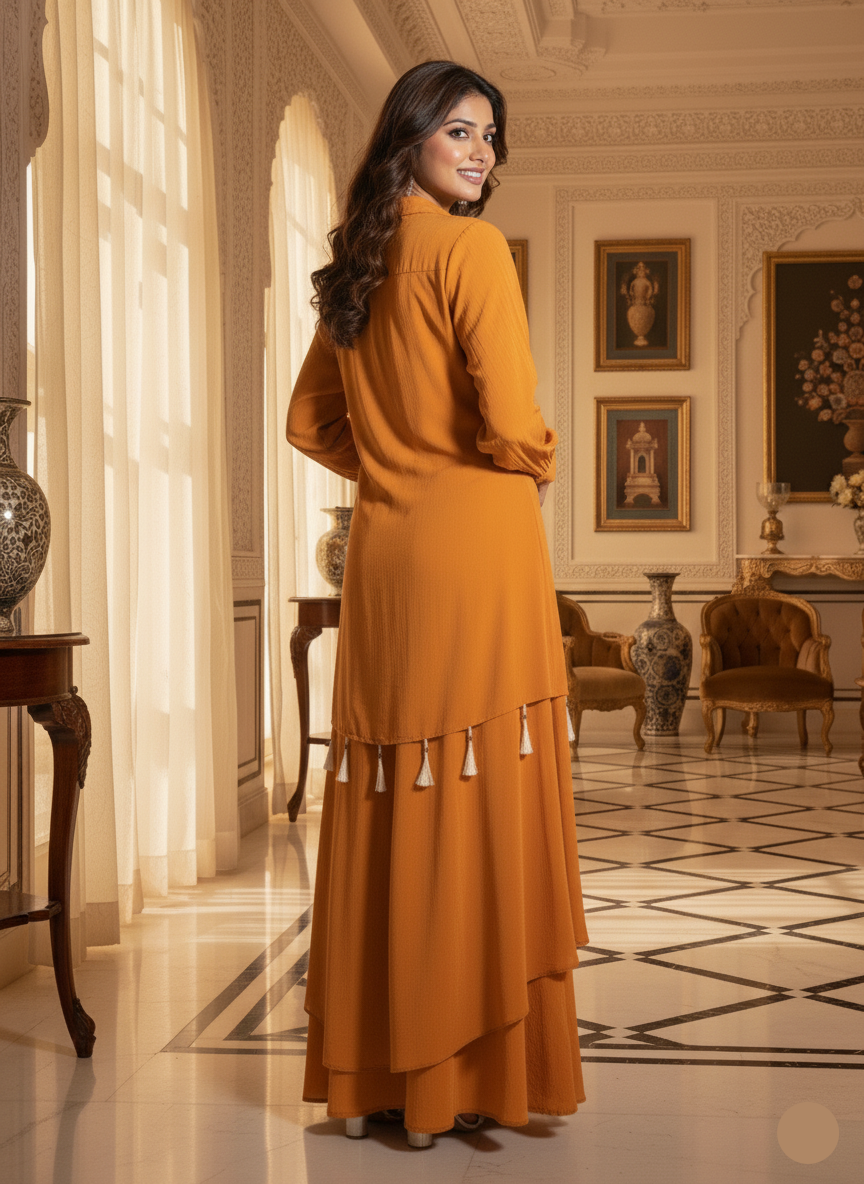 Woman in a long, orange dress standing in an elegant room with decor.