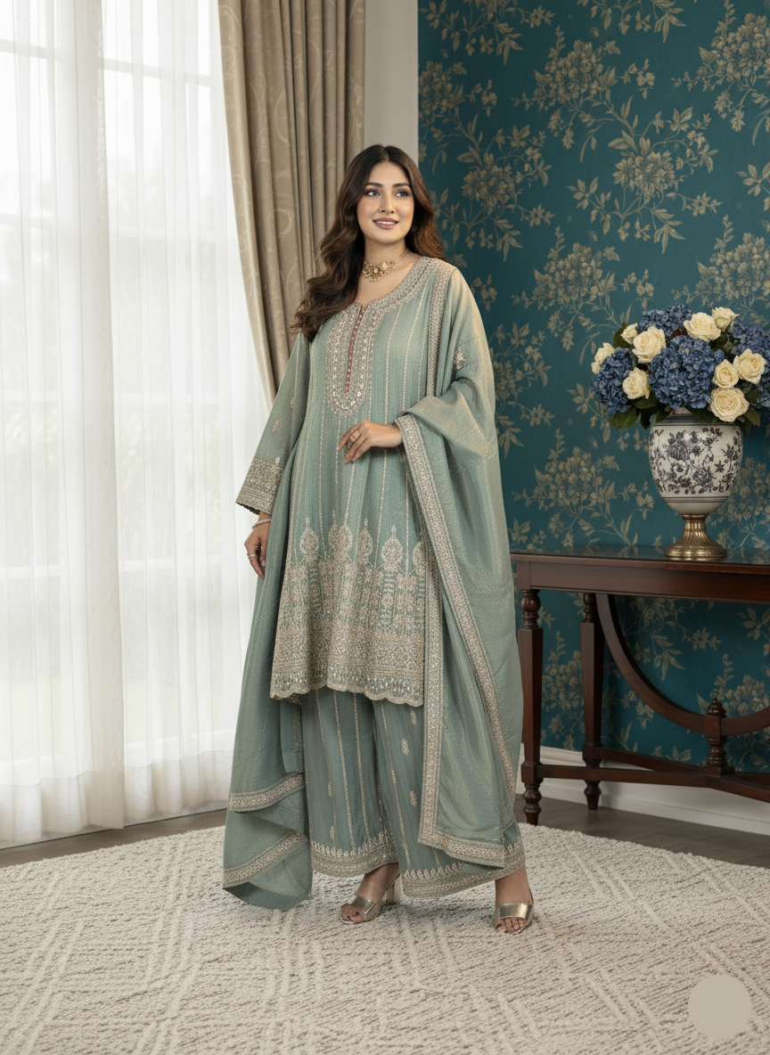 Woman in a light green traditional outfit standing in a room with floral wallpaper and a table with flowers.