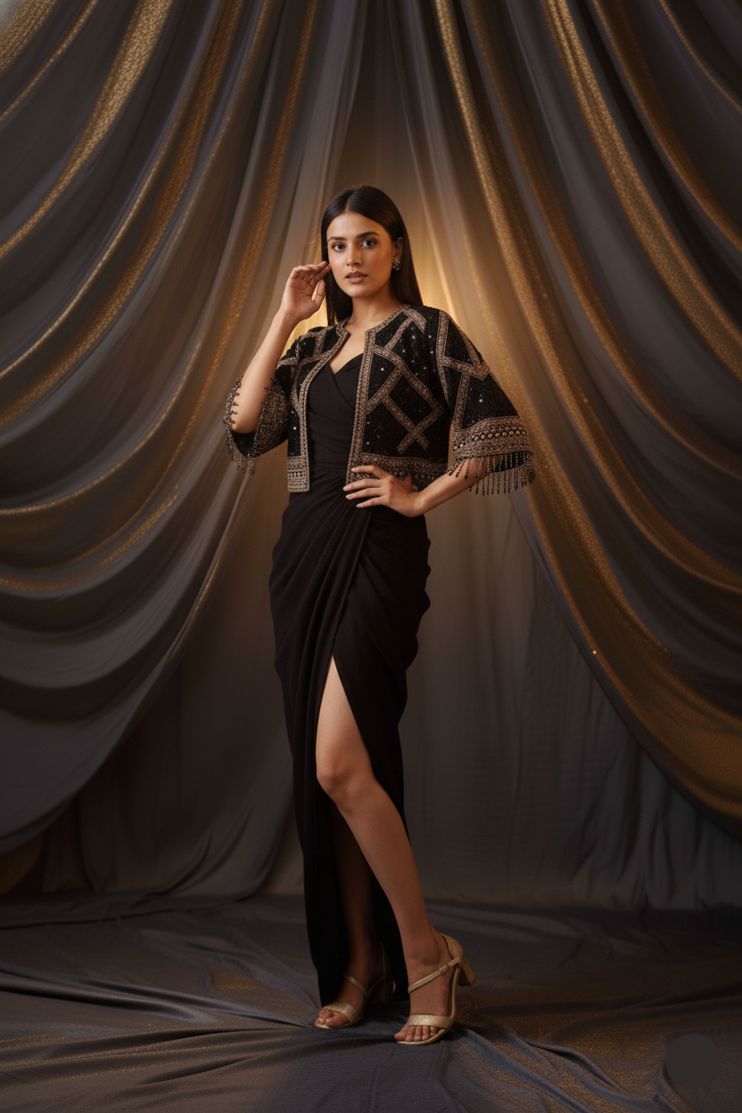 Woman in a black and gold dress standing against a draped curtain backdrop