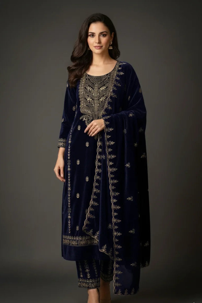 Woman wearing a dark blue embroidered traditional outfit against a gray background