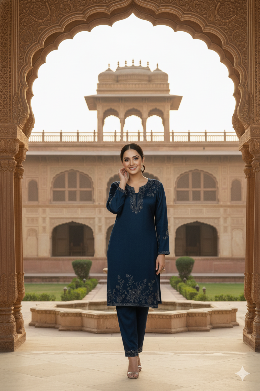 Woman in a blue traditional outfit standing in front of an architectural archway with a building in the background.