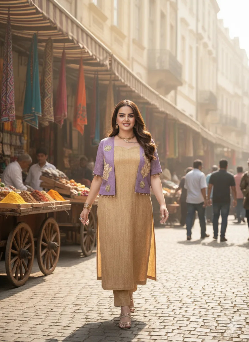 Woman in a beige dress with a purple jacket standing on a street market.