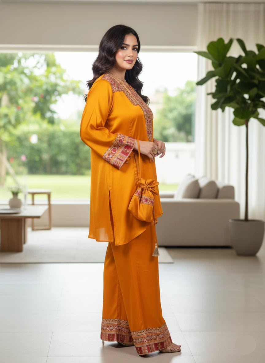Woman in a mustard yellow traditional outfit standing in a modern living room.