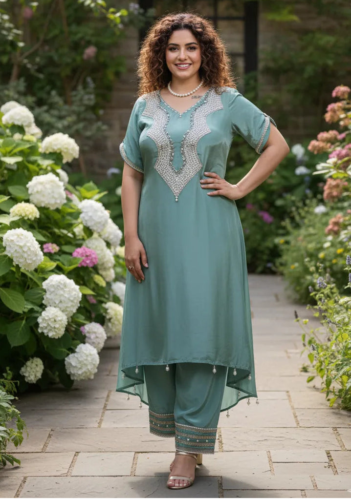 Woman in a teal outfit standing in a garden with flowers and a stone wall in the background