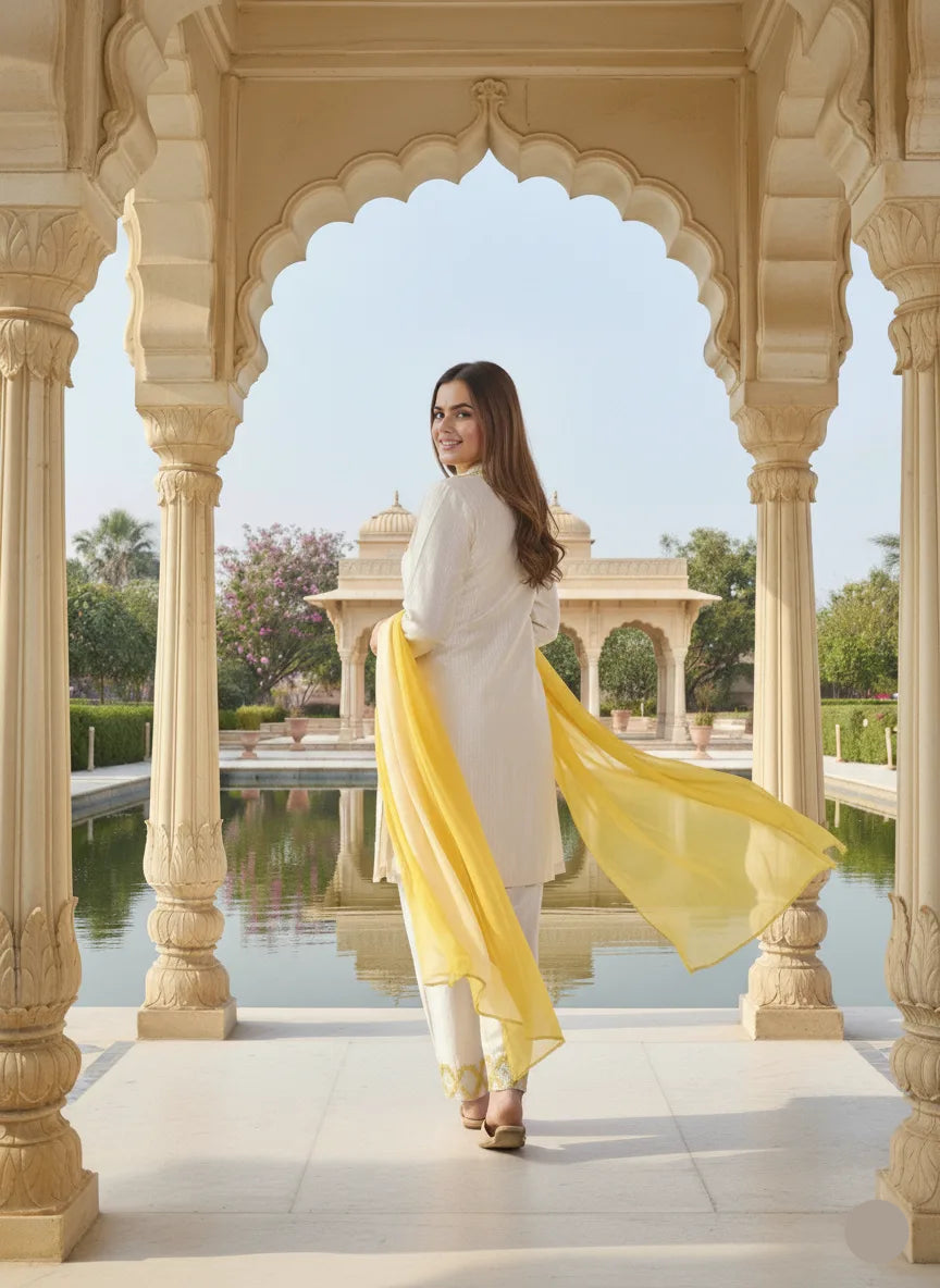 Woman in a white and yellow traditional outfit standing in front of an archway with a pool and garden in the background.