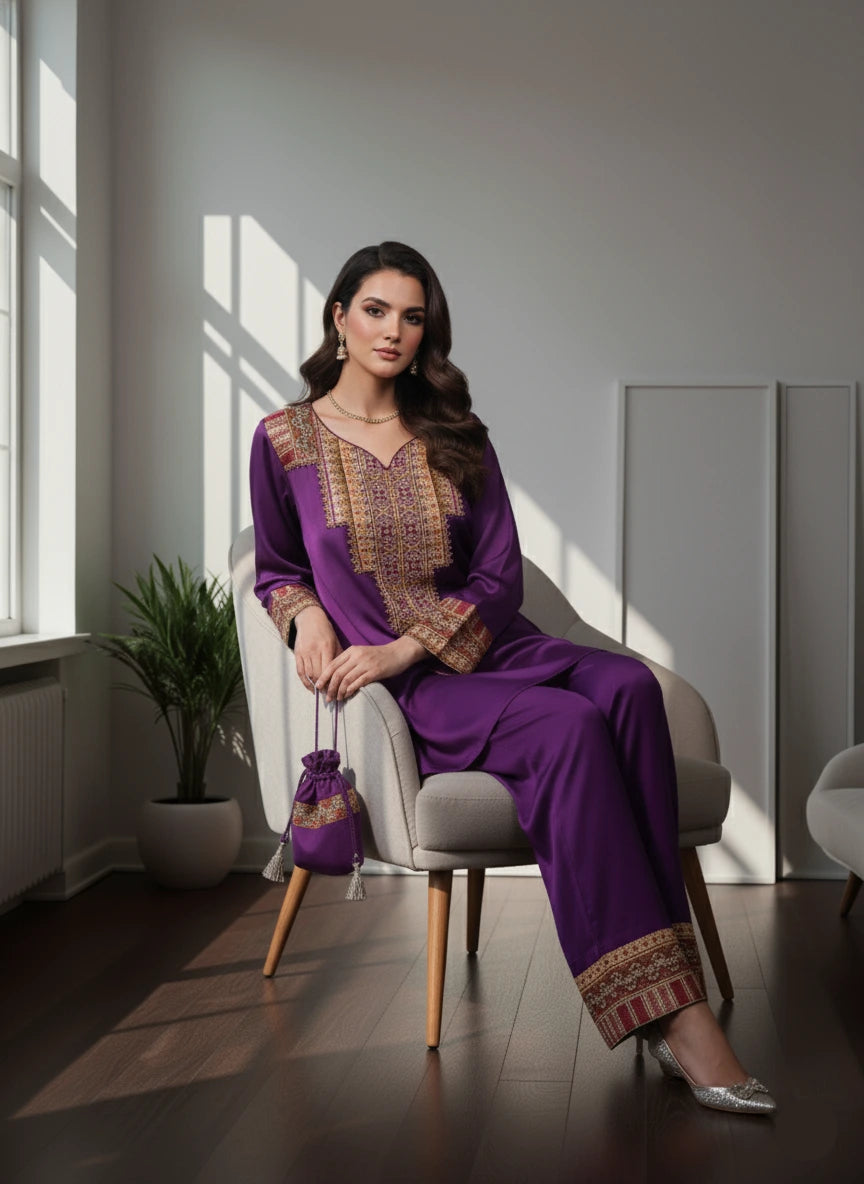 Woman in a purple traditional outfit sitting on a chair in a well-lit room.
