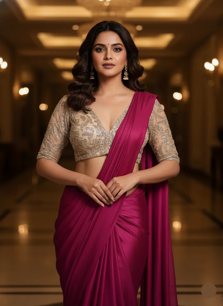 Woman in a pink saree with a blurred background