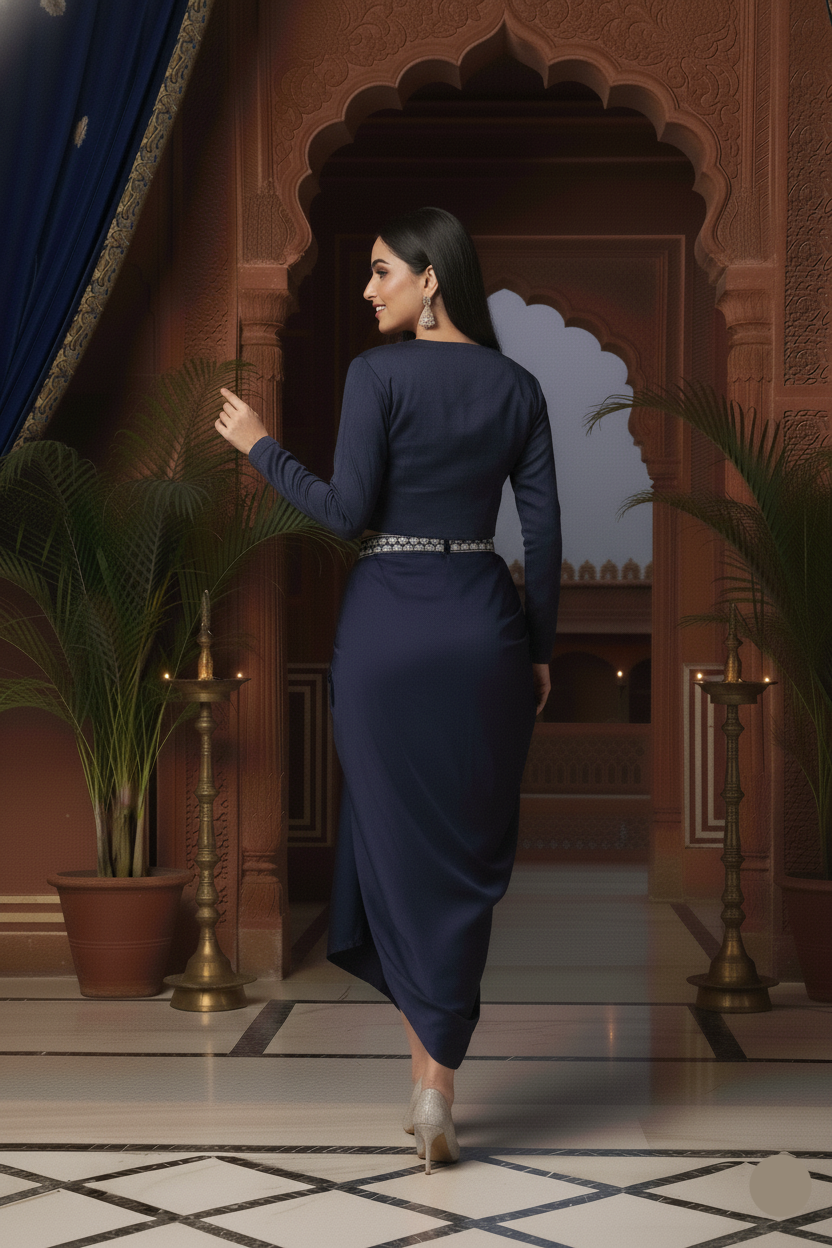 Woman in a blue dress walking through an ornate room with plants and decorative elements.