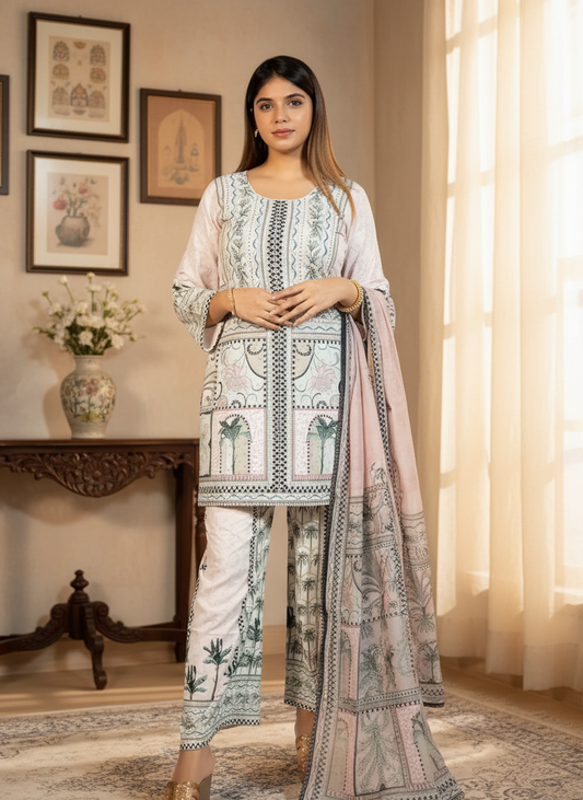Woman wearing a patterned outfit in a room with decor elements.