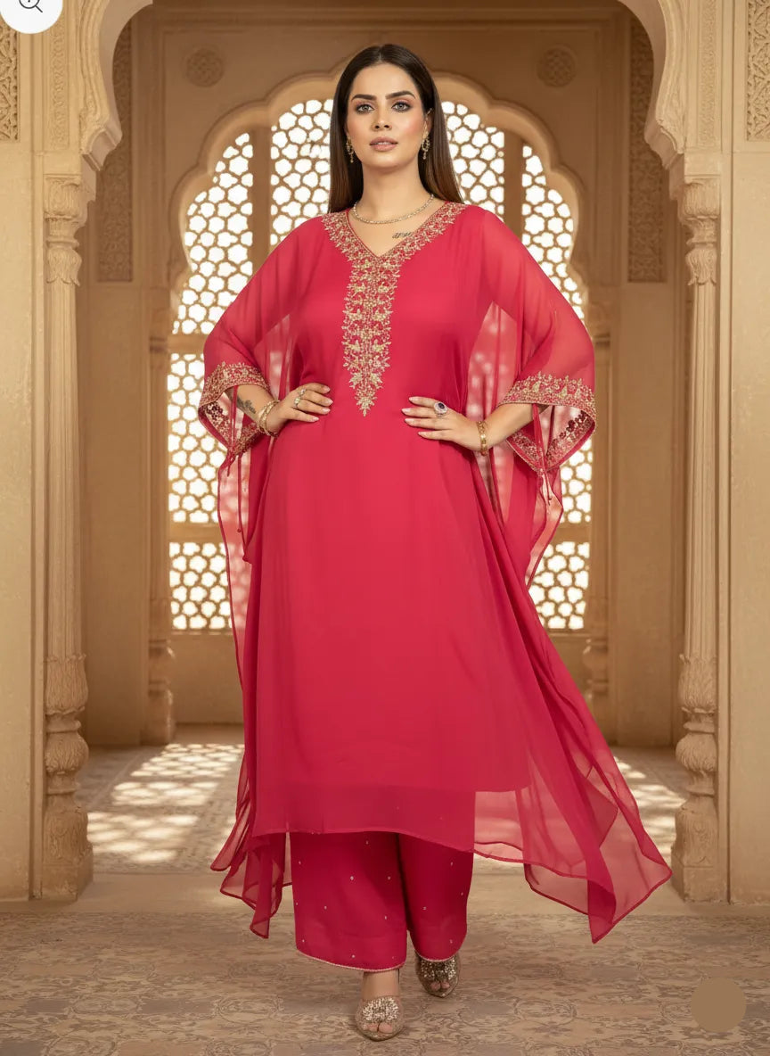 Woman in a red traditional outfit with intricate embroidery standing in front of an ornate archway.