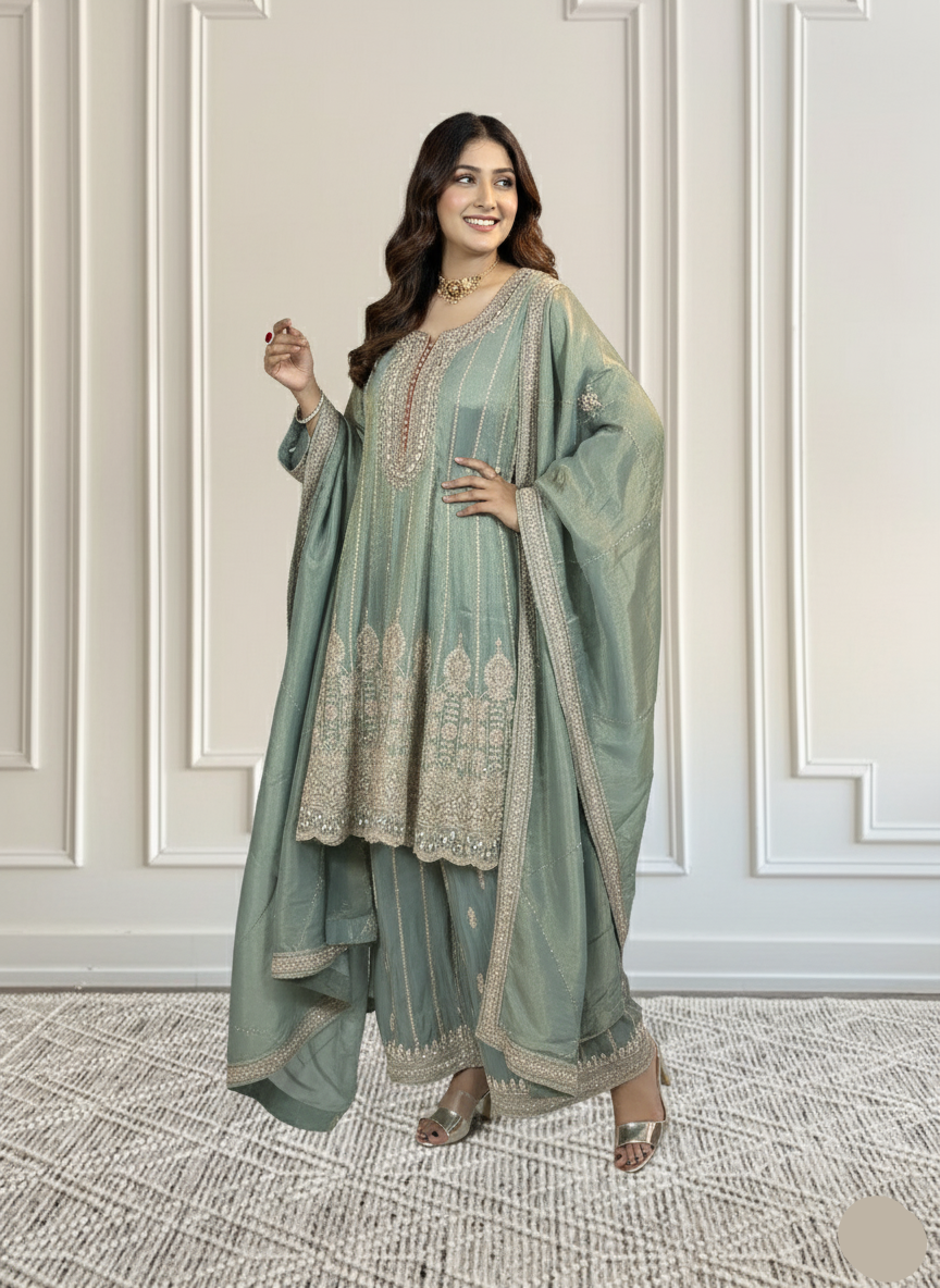 Woman wearing a traditional green outfit with embroidery against a white paneled wall.