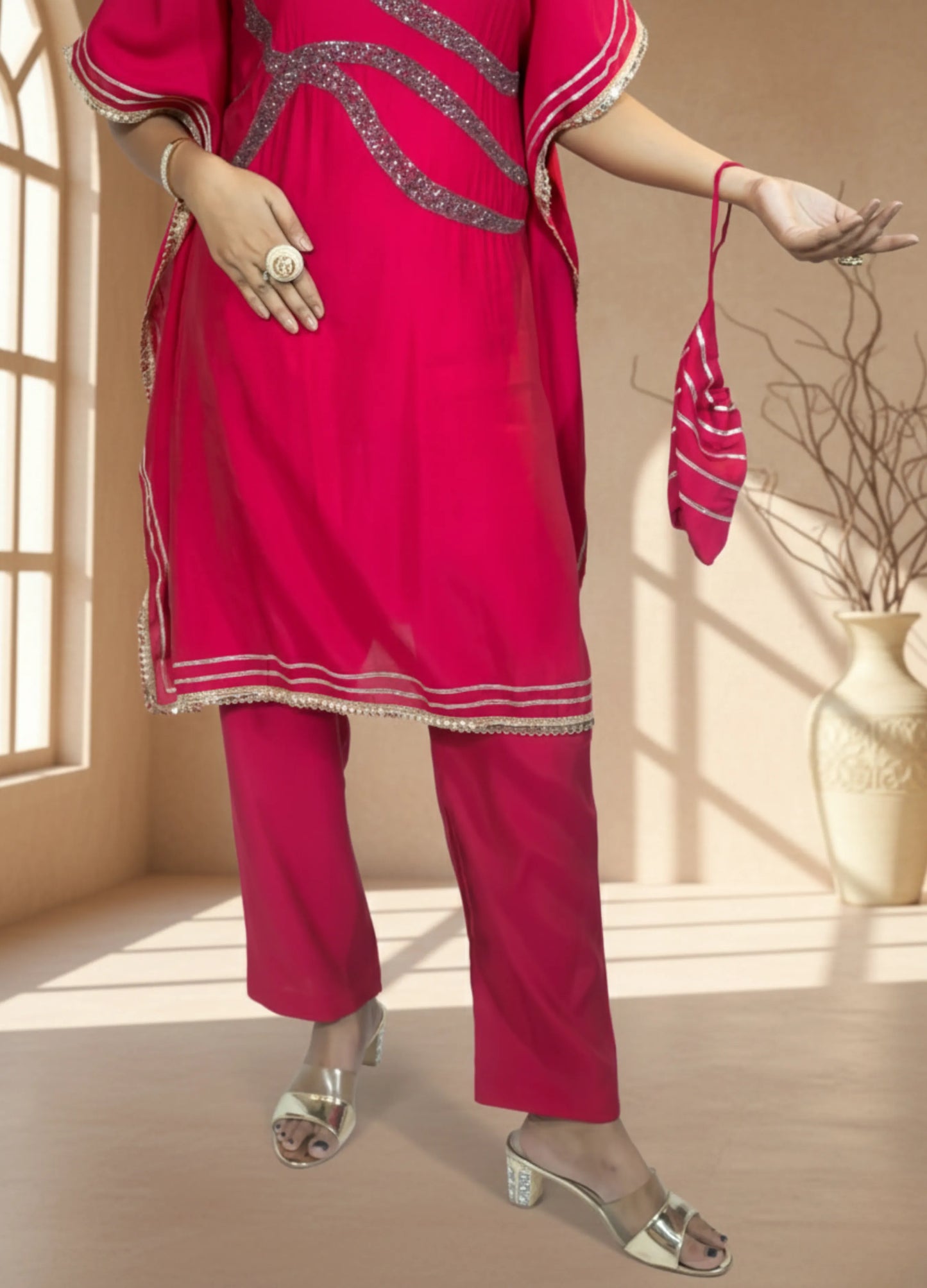 Pink Cotton Kaftan Set | Cutdana Handwork Kaftan with Pant | Festive & Daily Wear