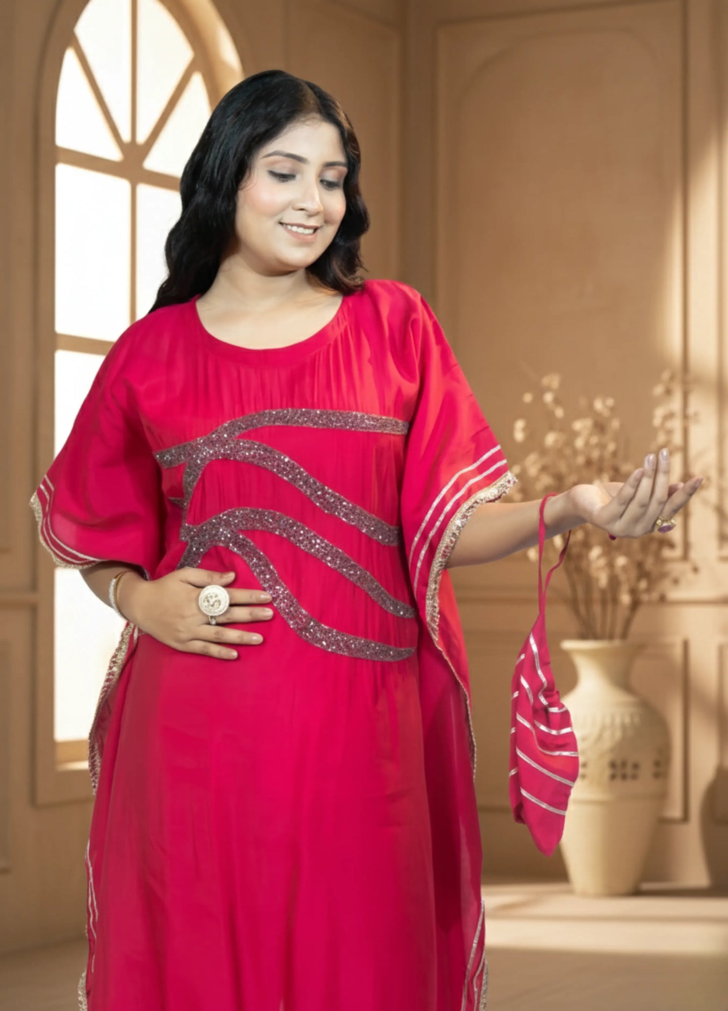 Pink Cotton Kaftan Set | Cutdana Handwork Kaftan with Pant | Festive & Daily Wear