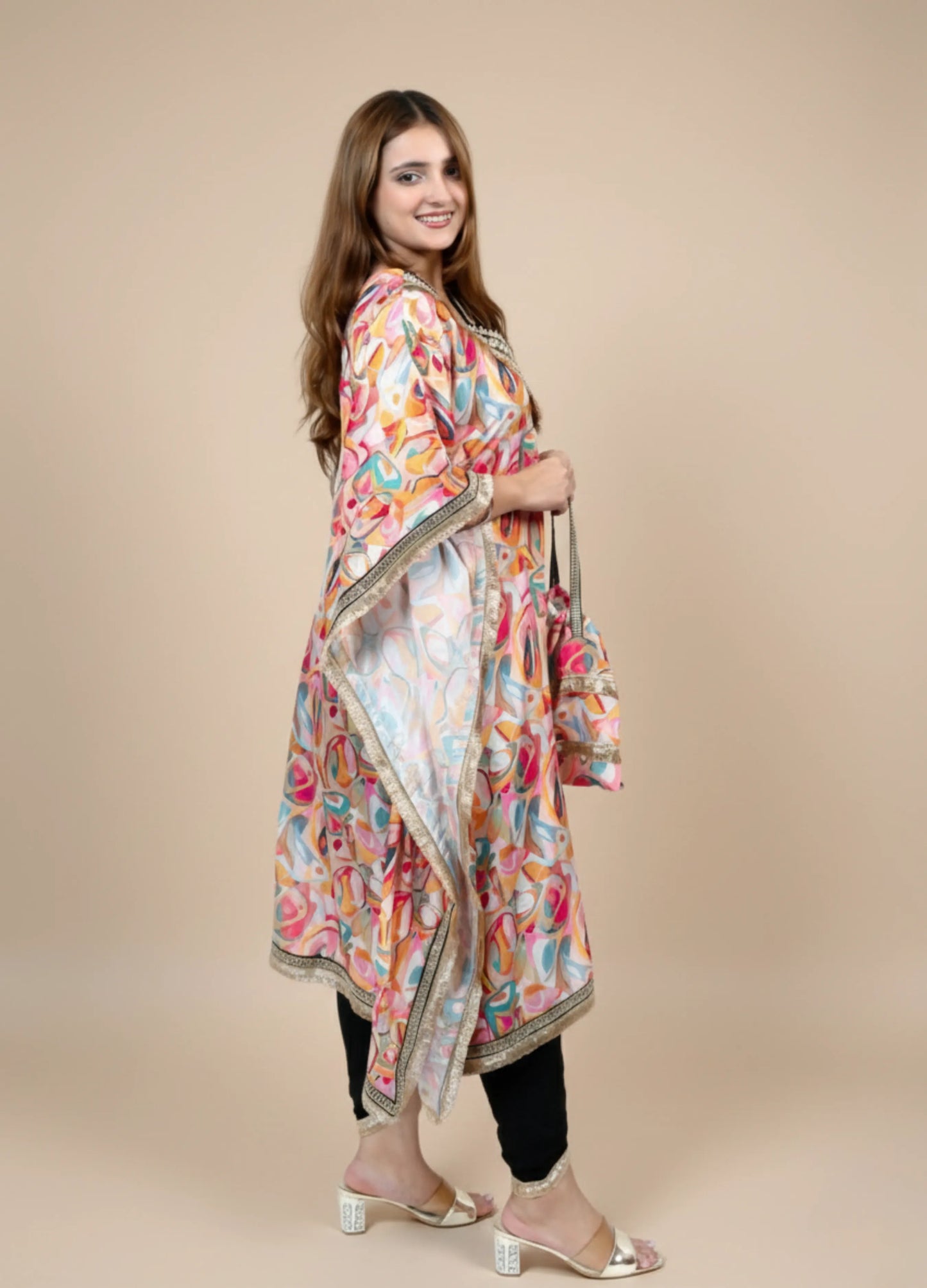 Orange Printed Crepe Kaftan Set | V-Neck Lace Work Kaftan with Tulip Pant | Festive & Party Wear