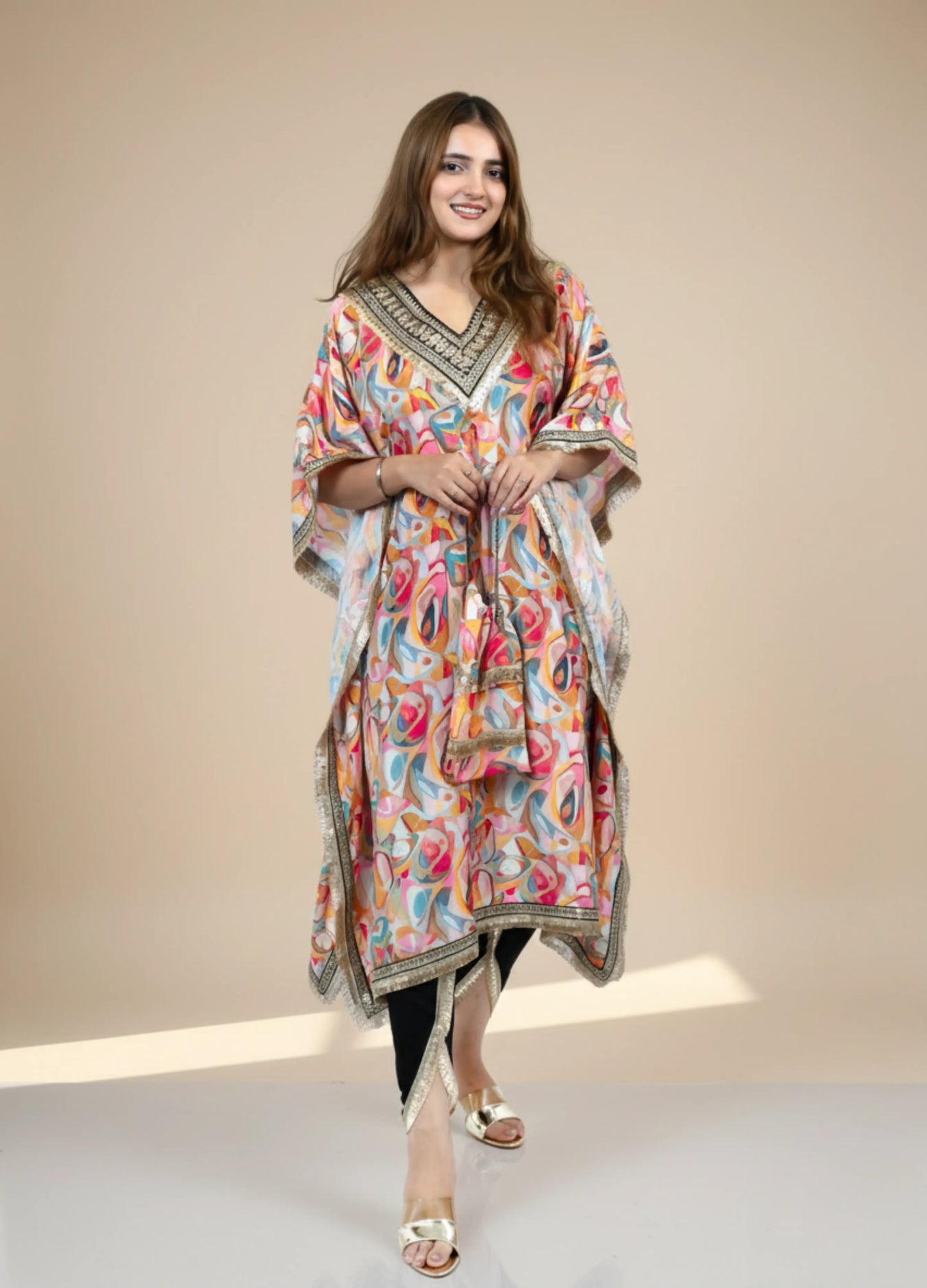 Orange Printed Crepe Kaftan Set | V-Neck Lace Work Kaftan with Tulip Pant | Festive & Party Wear