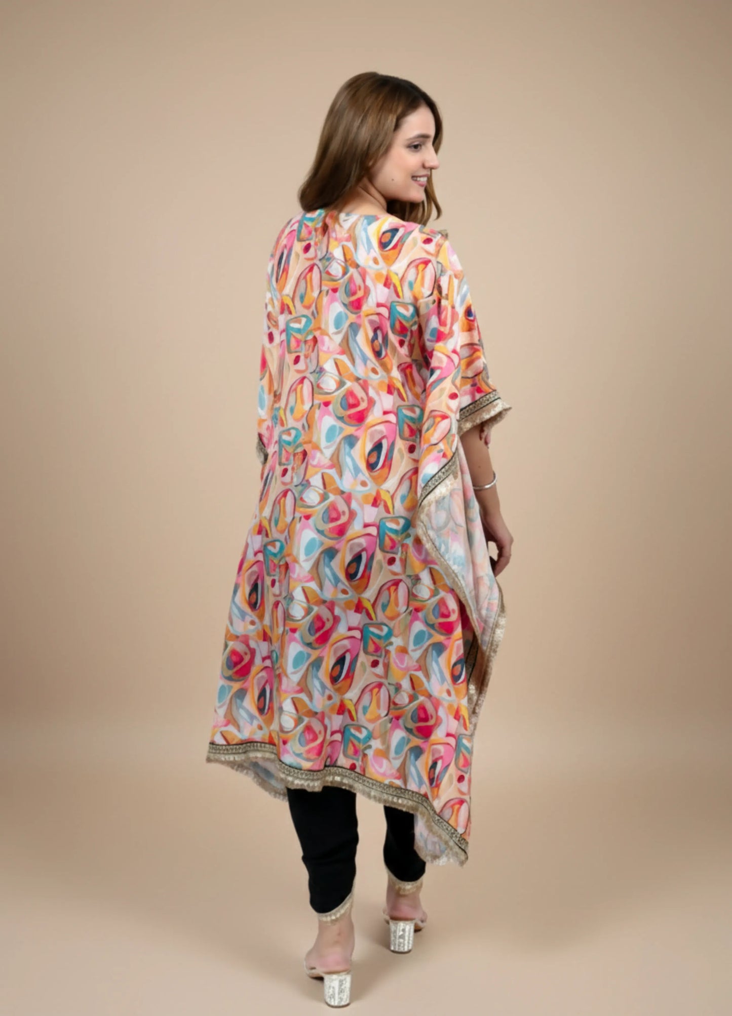 Orange Printed Crepe Kaftan Set | V-Neck Lace Work Kaftan with Tulip Pant | Festive & Party Wear