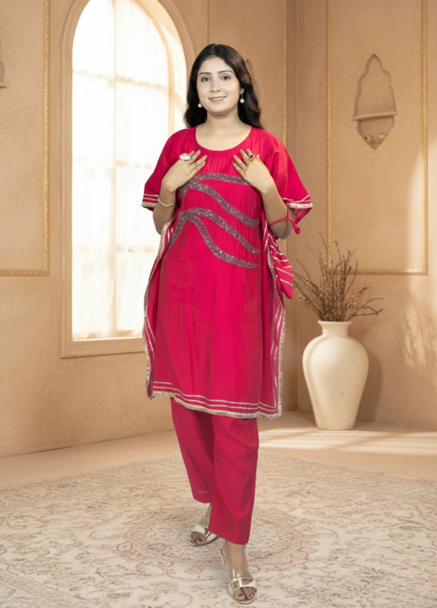 Pink Cotton Kaftan Set | Cutdana Handwork Kaftan with Pant | Festive & Daily Wear