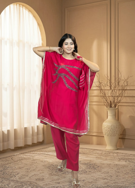Pink Cotton Kaftan Set | Cutdana Handwork Kaftan with Pant | Festive & Daily Wear