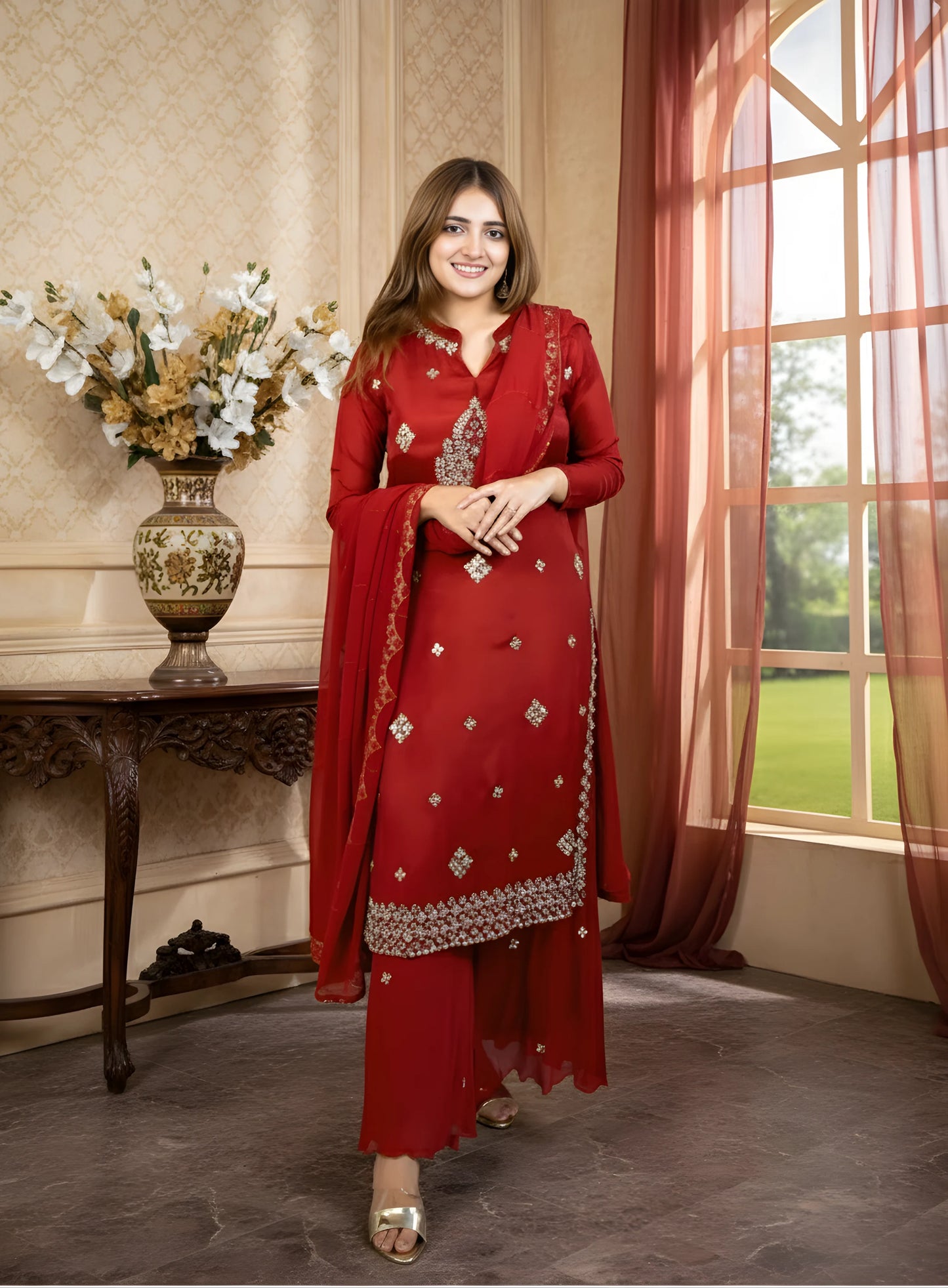 Woman in a red traditional outfit standing in a room with a decorative table and window.