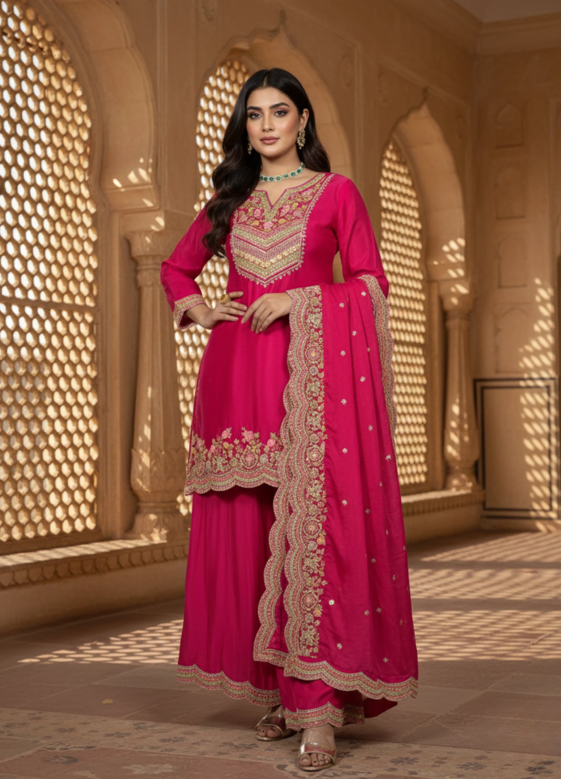 Woman in a pink traditional outfit with intricate designs standing in front of decorative stone walls.
