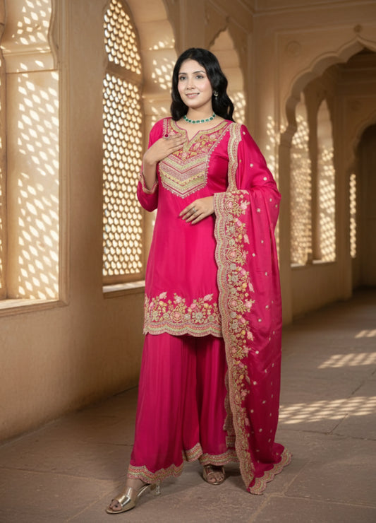 Woman in a pink traditional outfit with gold embroidery standing in a sunlit room.