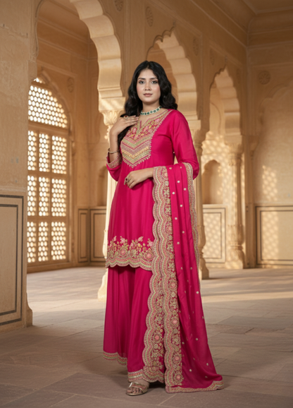 Woman in a pink traditional outfit with gold embroidery standing in an architectural setting.