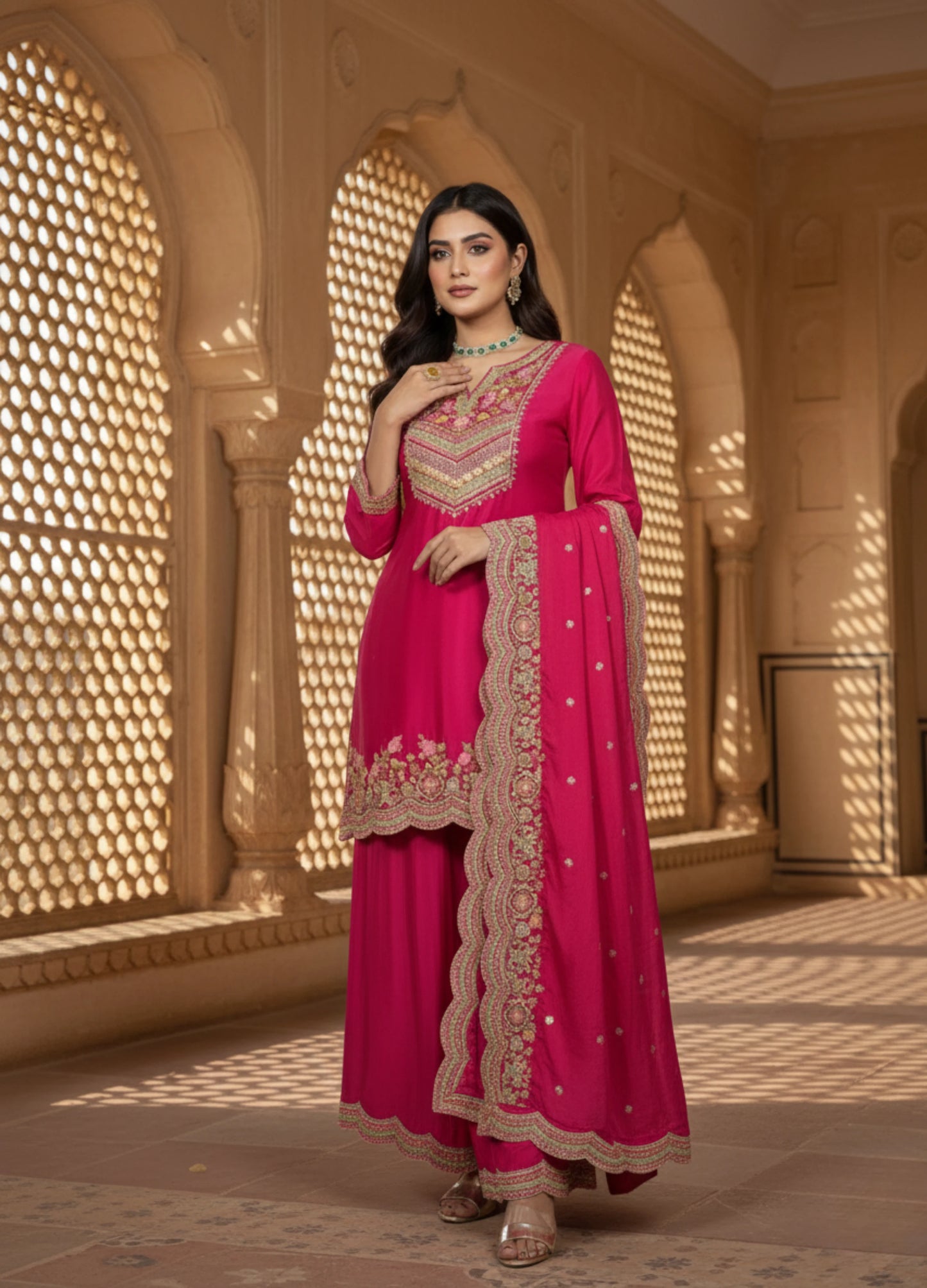 Woman in a pink traditional outfit with gold embroidery standing in a decorative interior setting.