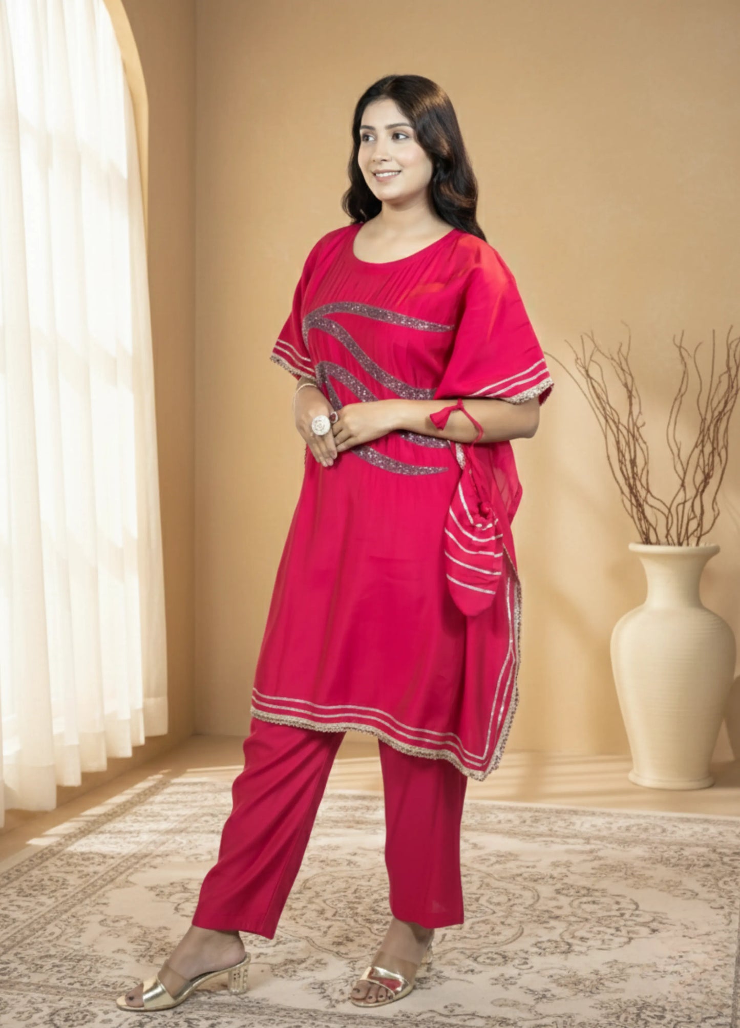 Pink Cotton Kaftan Set | Cutdana Handwork Kaftan with Pant | Festive & Daily Wear