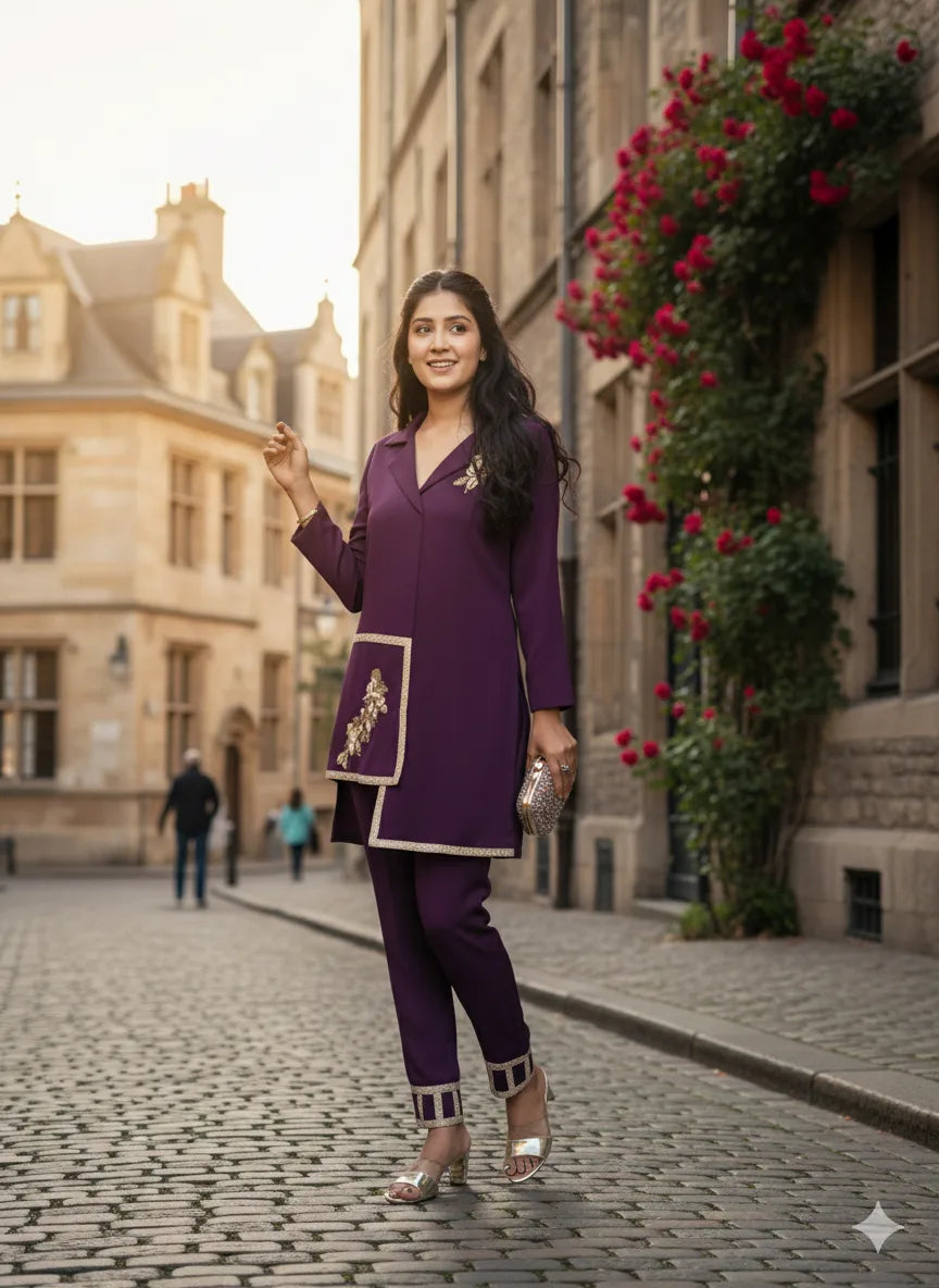Woman in a purple outfit standing on a cobblestone street with floral decorations.