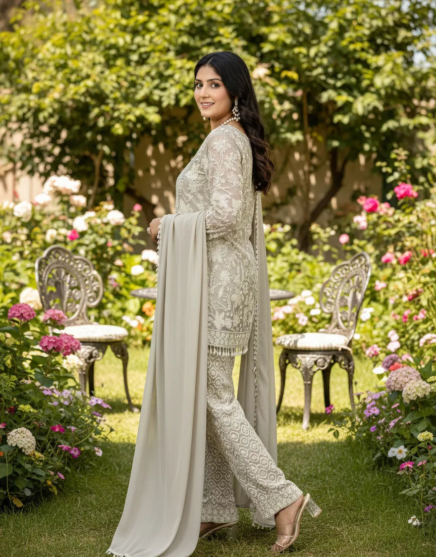 Woman in a white traditional outfit standing in a garden with flowers and chairs.