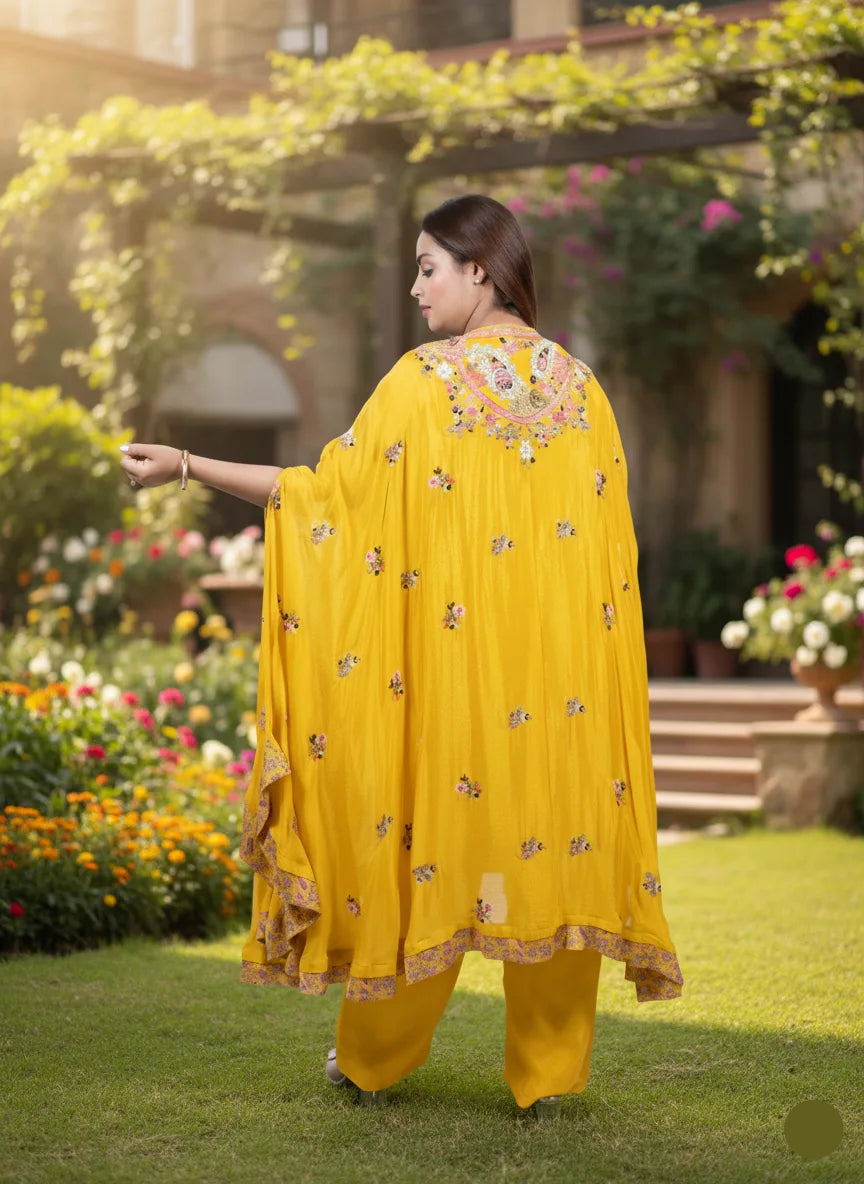 Woman in a yellow traditional outfit standing in a garden with flowers and greenery.