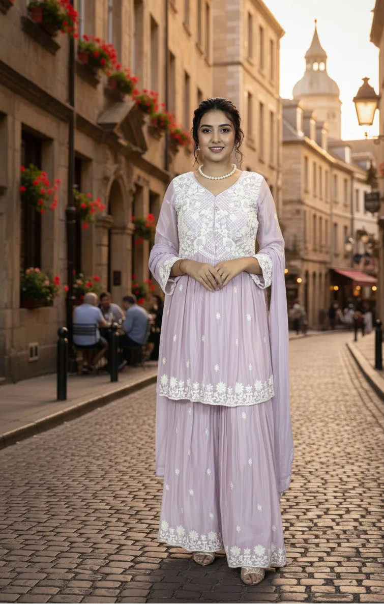Woman in a light purple traditional outfit standing on a cobbled street with historical buildings.
