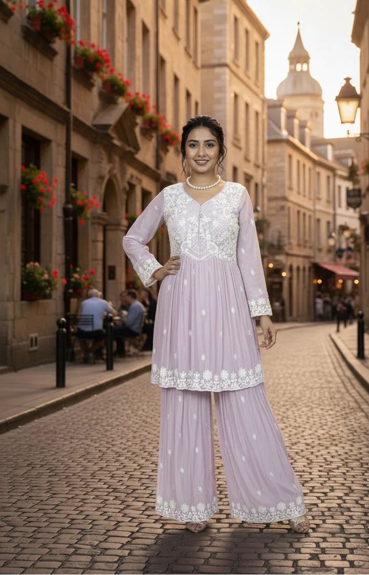 Woman in a light purple and white traditional outfit standing on a cobbled street with historical buildings.