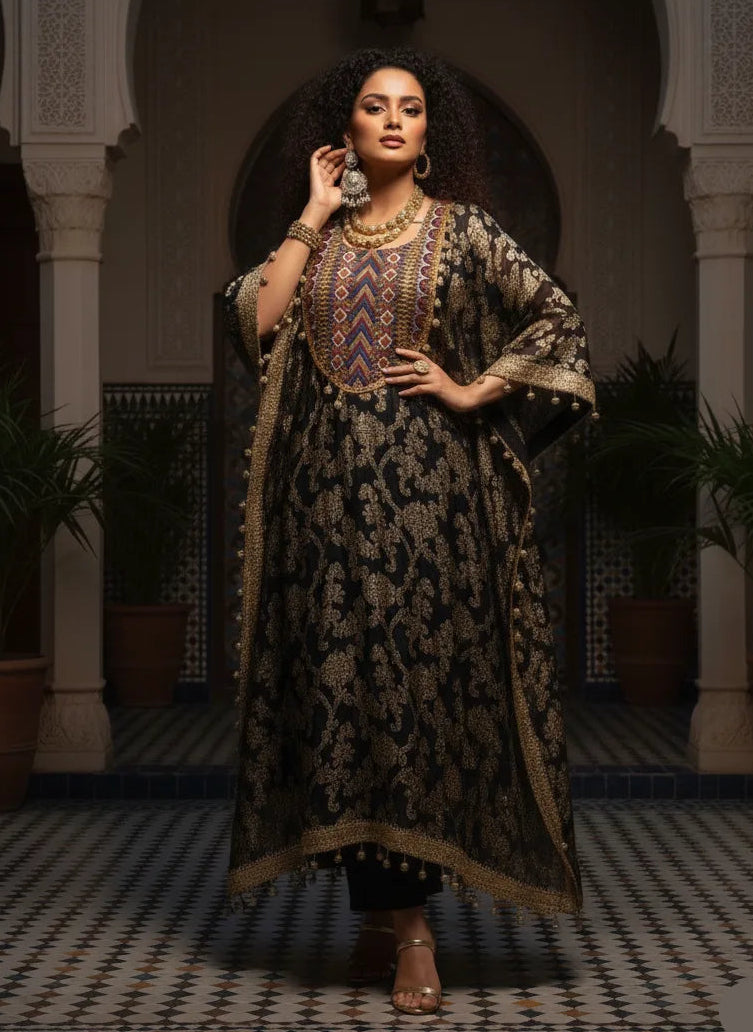 Woman in a patterned dress standing in an ornate interior setting