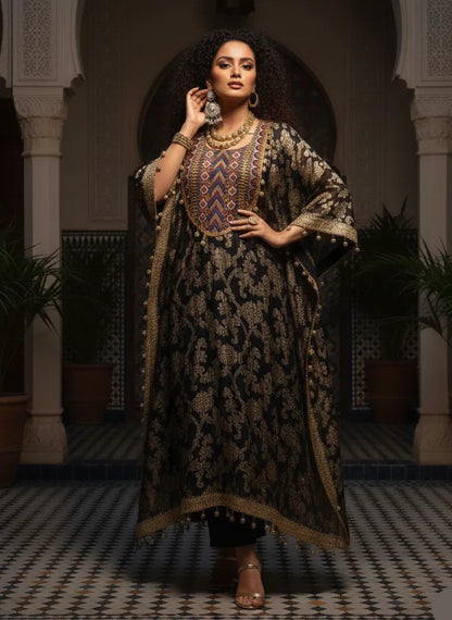 Woman in a patterned dress standing in an ornate interior setting