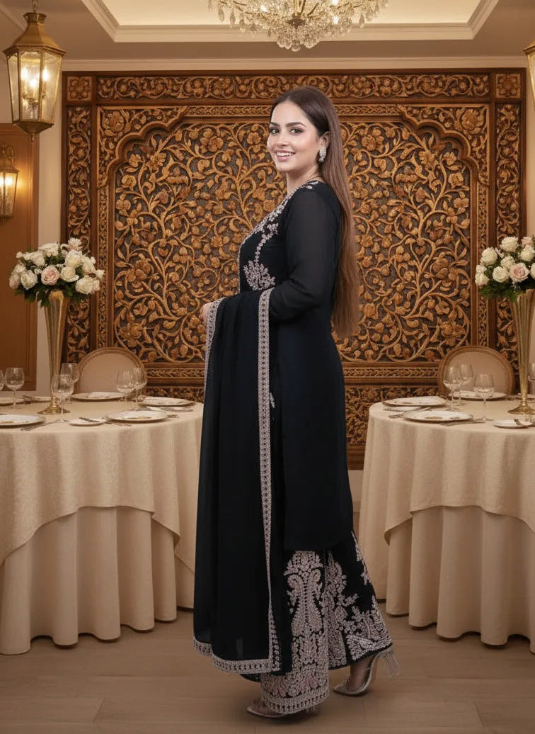 Woman in a black and white dress standing in a decorated room with chandeliers and floral arrangements.