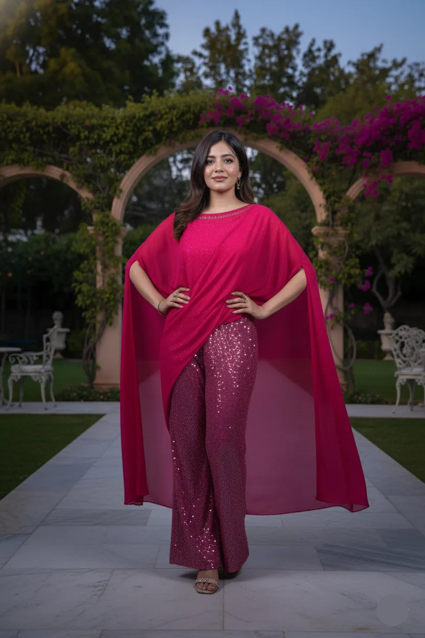 Woman in a pink outfit standing in a garden setting