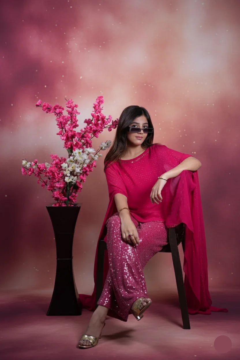 Woman in a pink outfit sitting next to a vase of flowers against a pink background
