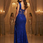 Woman in a blue evening gown with a chandelier and draped curtains in the background