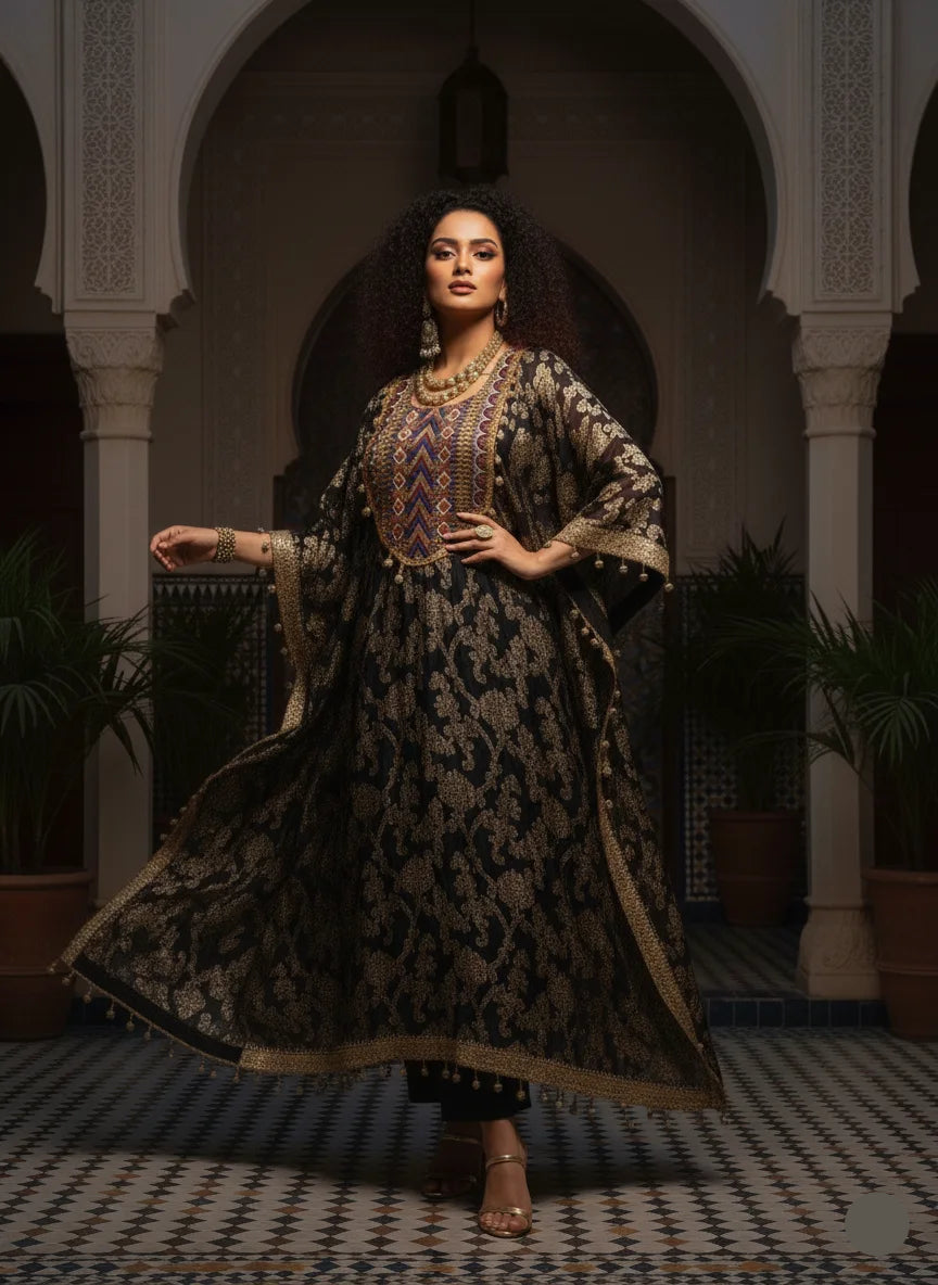 Woman in an ornate dress standing in a decorative interior setting
