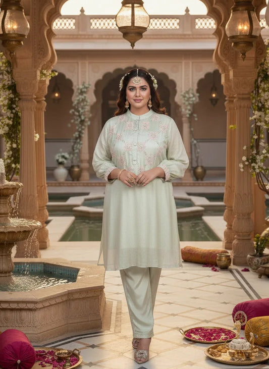 Woman in traditional attire standing in an ornate indoor setting with arches and decorative elements.
