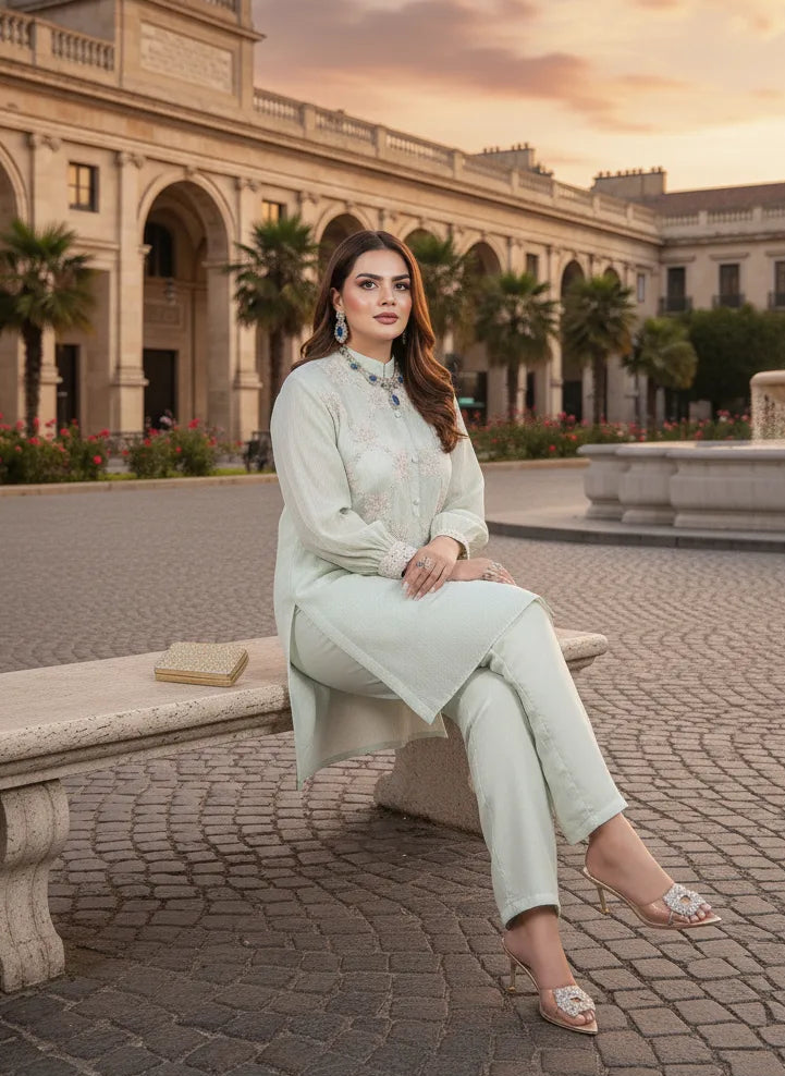 Woman sitting on a bench in an outdoor setting with classical architecture and palm trees.