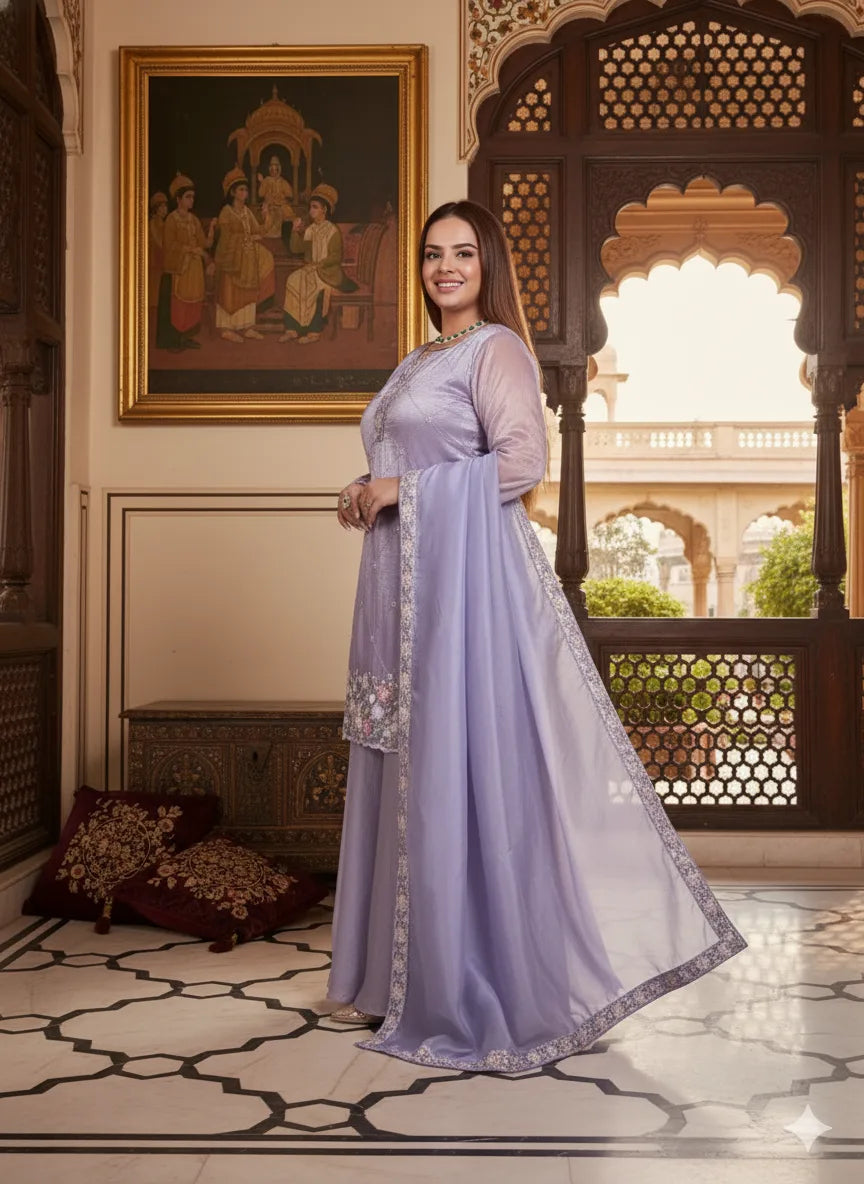 Woman in a light purple traditional outfit standing in an ornate room with decorative elements.
