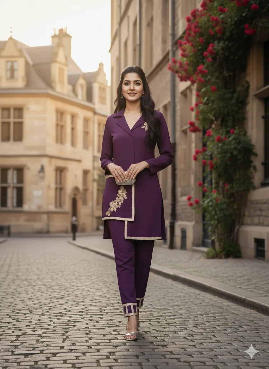 Woman in a purple outfit standing on a cobbled street with floral decorations.