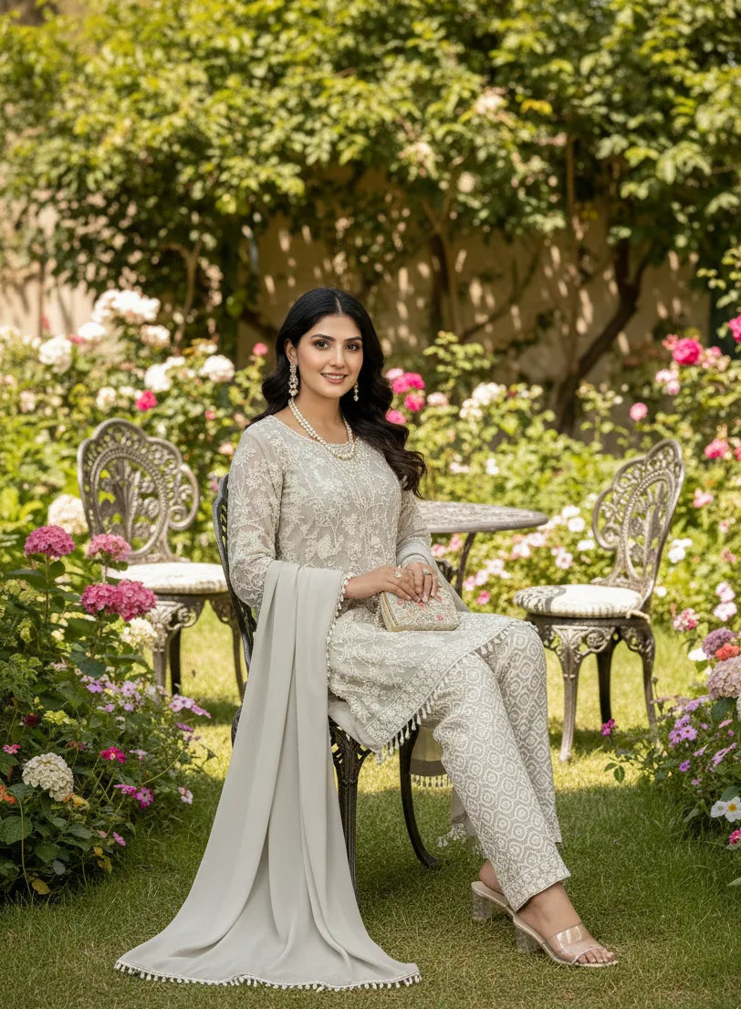 Woman in a traditional outfit sitting in a garden with flowers and chairs.