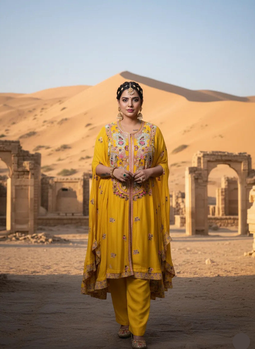 Woman in a yellow traditional outfit standing in a desert with ancient architecture.