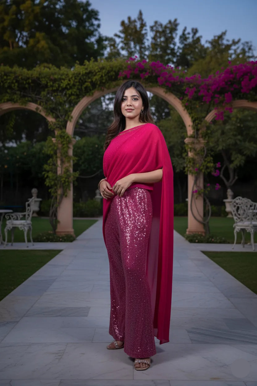 Woman in a pink saree with a sequined skirt standing in an outdoor setting with greenery and arches.