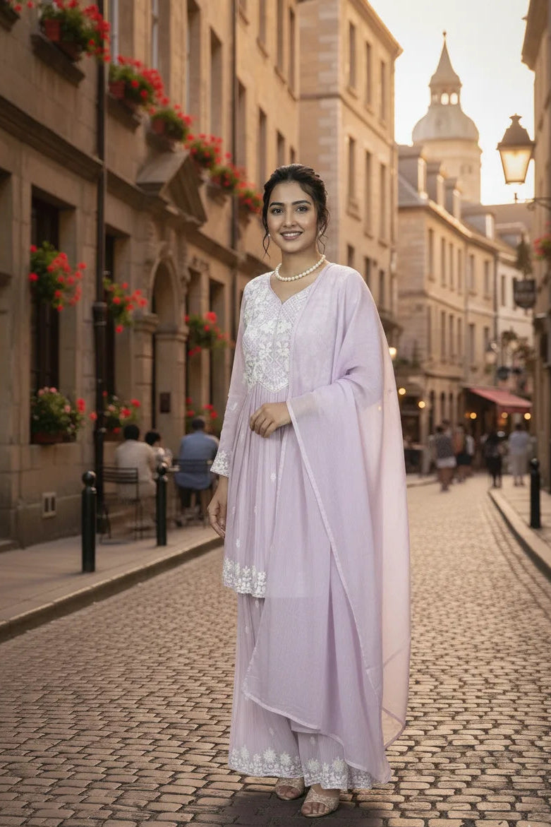 Woman in a light purple traditional outfit standing on a cobbled street with buildings and people in the background.